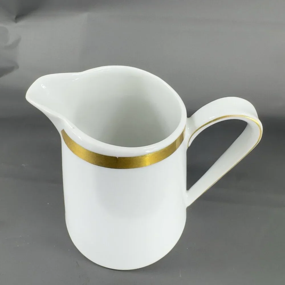 Schonwald Germany White Porcelain Small Pitcher Creamer With Gold‎ Band Vintage